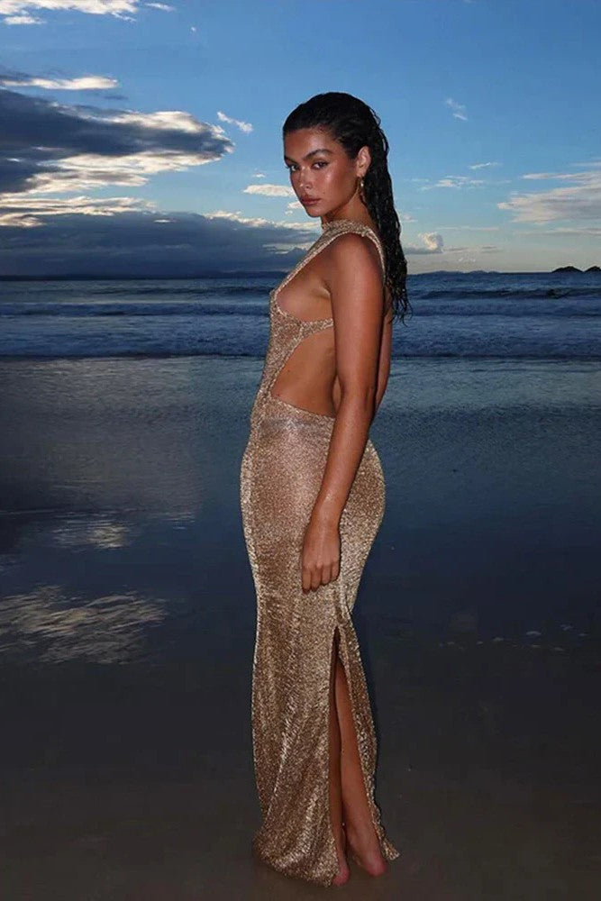 Eloura – Shimmer maxi dress with open back and minimalist cut