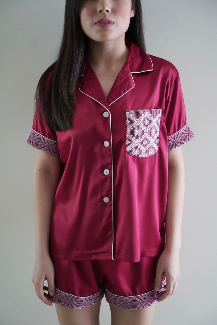 Burgundy silk shorts set