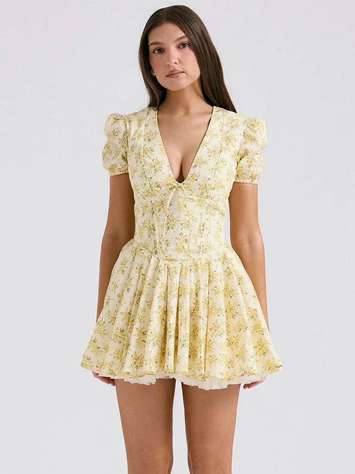 Livette - Floral Yellow Mini Dress