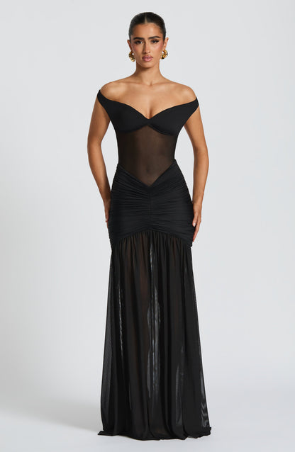Sylarine – Bardot dress with sheer details and a slit