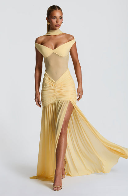 Sylarine – Bardot dress with sheer details and a slit