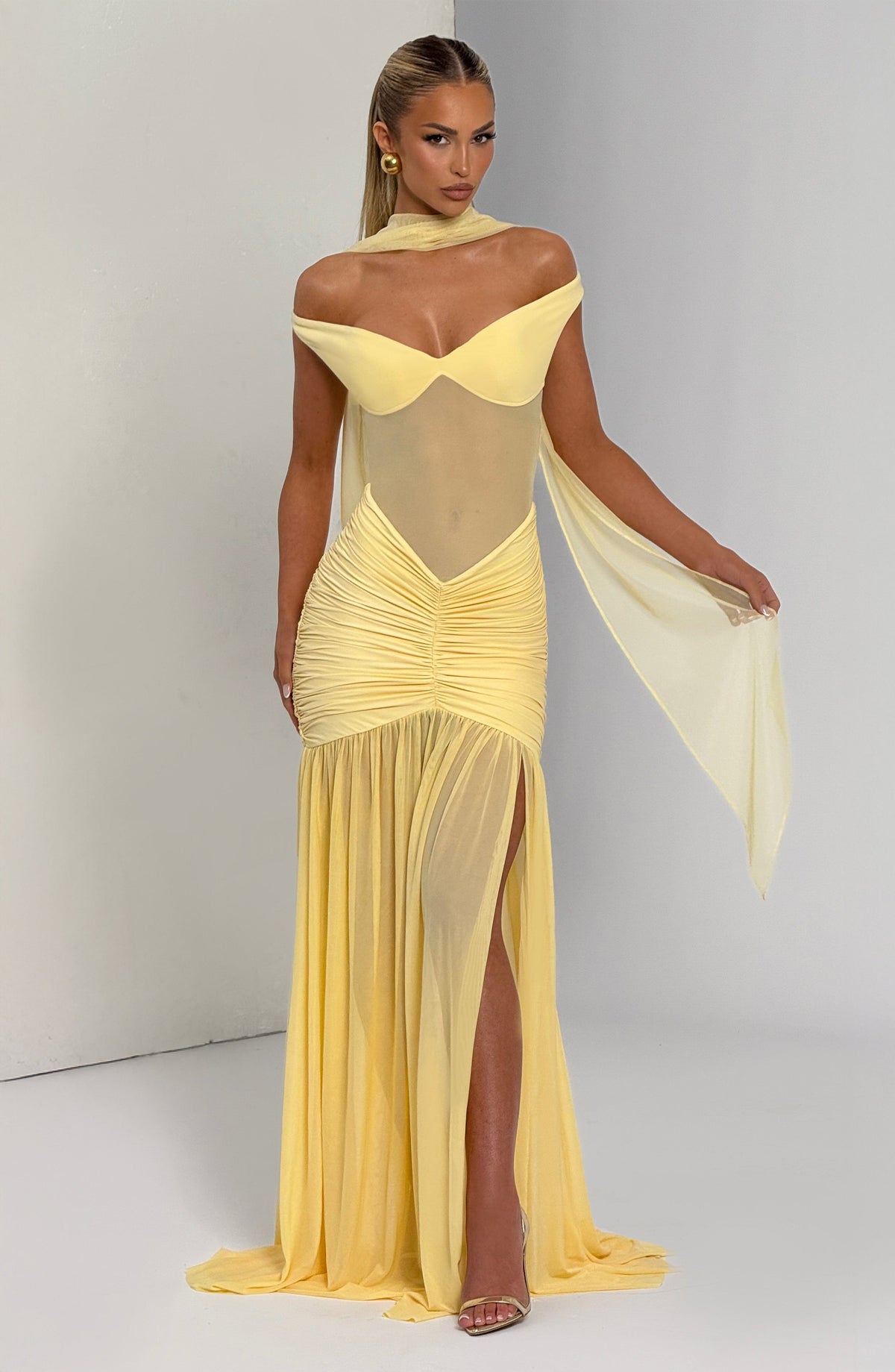 Sylarine – Bardot dress with sheer details and a slit