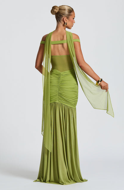 Sylarine – Bardot dress with sheer details and a slit