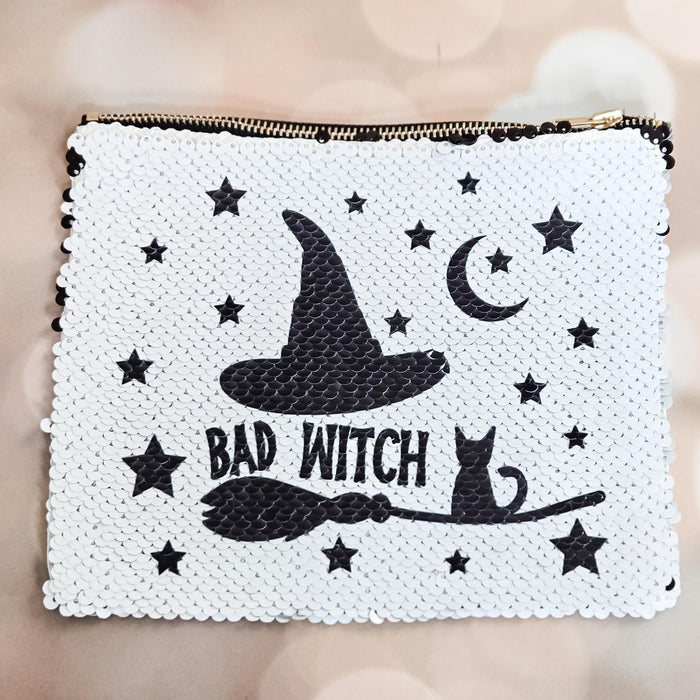 Bad Witch Cat & Broom Halloween Sequin Pouch – Black Flip to White Makeup Bag, Witchy Zipper Pouch Salt and Sparkle