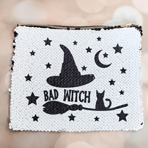 Bad Witch Cat & Broom Halloween Sequin Pouch – Black Flip to White Makeup Bag, Witchy Zipper Pouch Salt and Sparkle