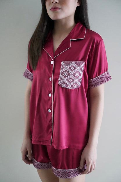 Burgundy silk shorts set