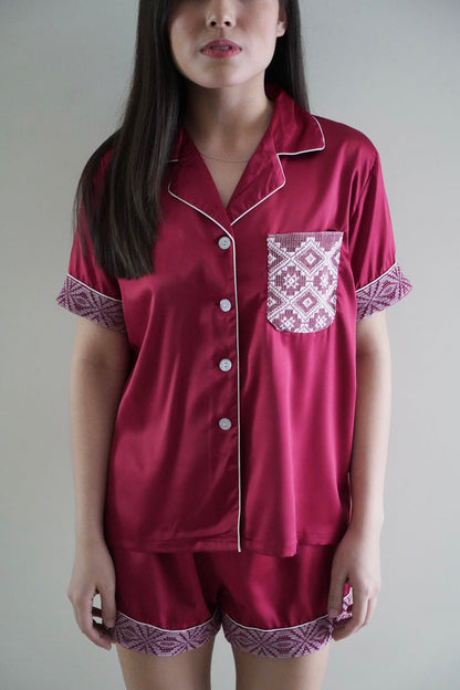 Burgundy silk shorts set