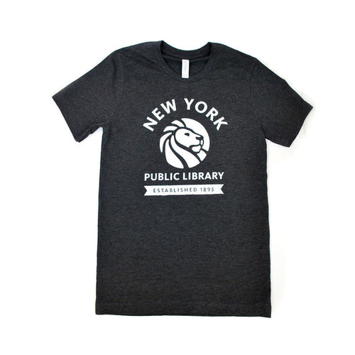 A charcoal black crew neck t-shirt with the New York Public Library logo printed in the center. Text reads: New York Public Library. Established 1895.