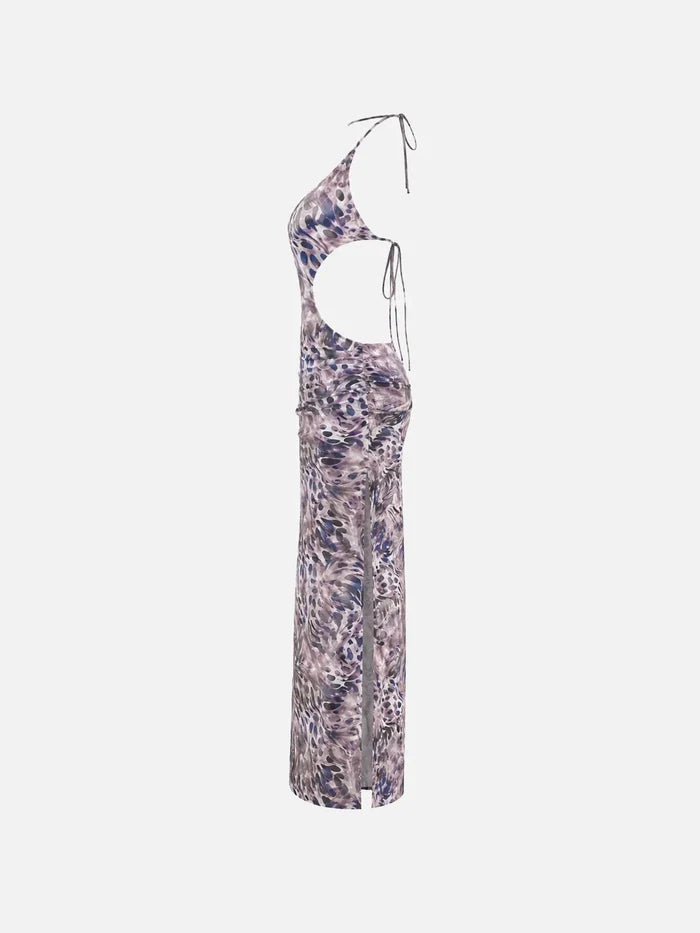 SLOWBURN Dione Dress – mor tonlarda desenli, yan görünüm