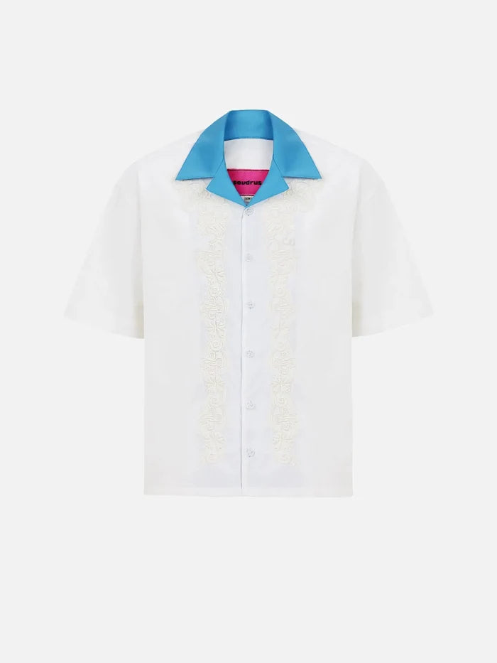 SEVDRUS Ethnic Embroidered Shirt - White – beyaz, mavi yaka, önden görünüm