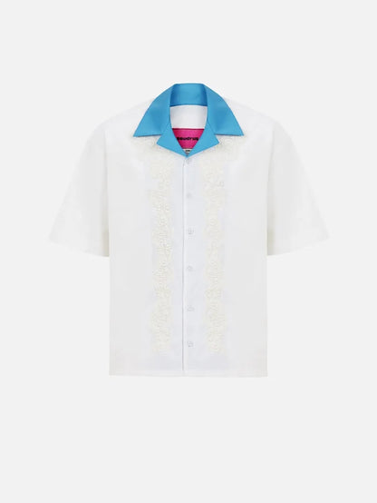 SEVDRUS Ethnic Embroidered Shirt - White – beyaz, mavi yaka, önden görünüm