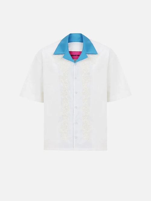 SEVDRUS Ethnic Embroidered Shirt - White – beyaz, mavi yaka, önden görünüm