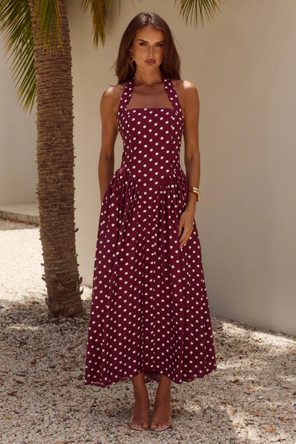 Sammi Midi Dress - Wine/White Polka