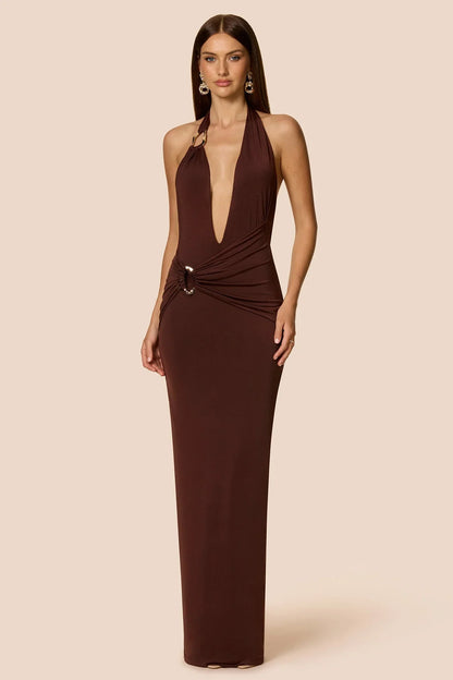 Nookie Leonie Halter Maxi Dress - Cocoa