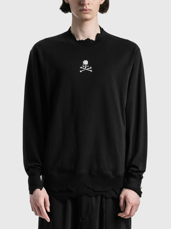 MASTERMIND MMJ Skull Glitter 3D Print Cut-Off Distressed Crewneck Sweatshirt