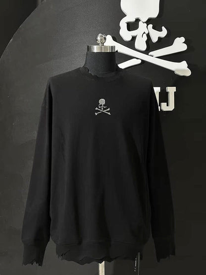 MASTERMIND MMJ Skull Glitter 3D Print Cut-Off Distressed Crewneck Sweatshirt