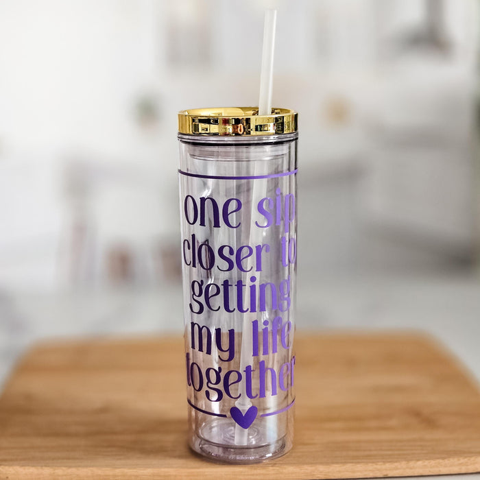 One Sip Closer to Getting My Life Together Funny Acrylic Tumbler with Gold Lid, Iced Coffee Cup for Her, Water Bottle, Summer Gift for Mom Salt and Sparkle