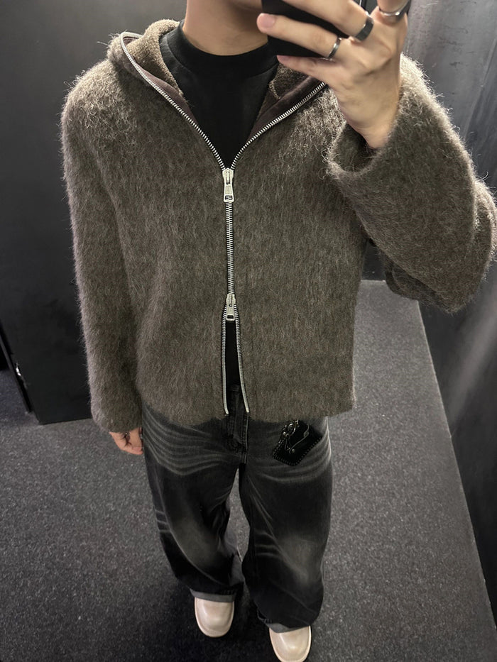 Our Legacy Grey Mohair Zip Cardigan – Wool Blend Relaxed Hooded Knit