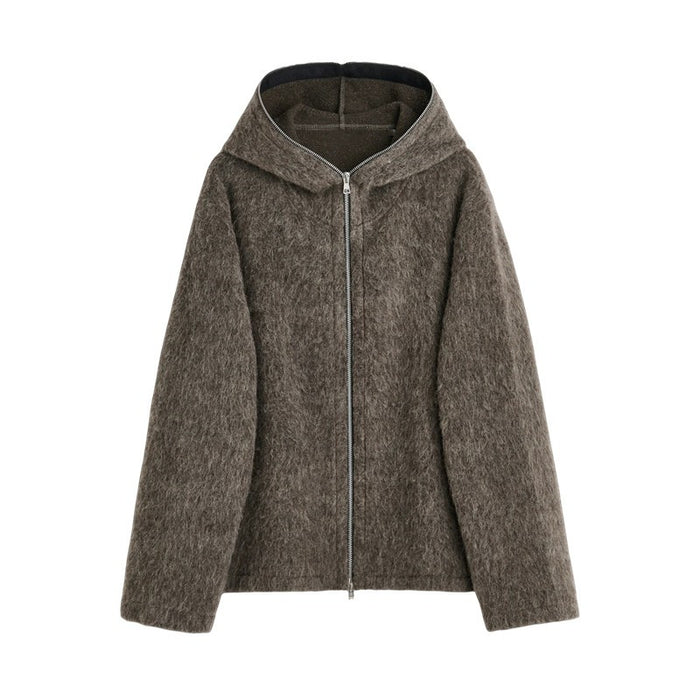 Our Legacy Grey Mohair Zip Cardigan – Wool Blend Relaxed Hooded Knit
