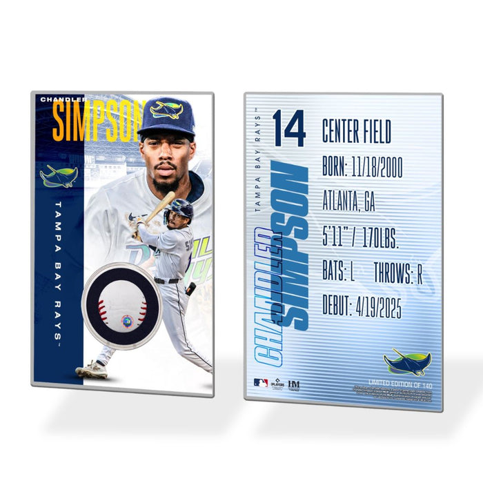 Rays Chandler Simpson Authentic Debut Game-Used Baseball Acrylic Piece