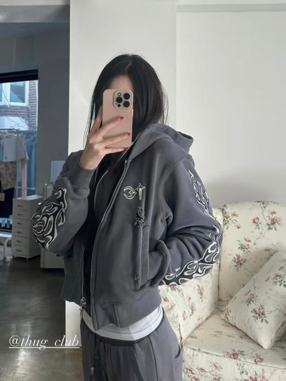 Revised Thug Club Leather Flame Cropped Hooded Zip-Up - Washed Black