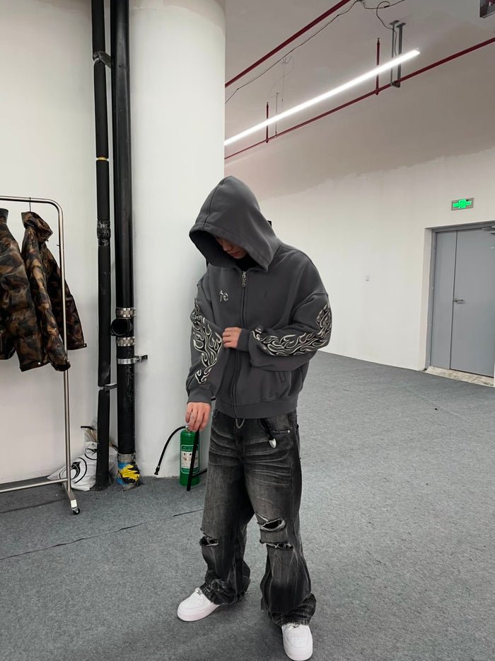 Revised Thug Club Leather Flame Cropped Hooded Zip-Up - Washed Black