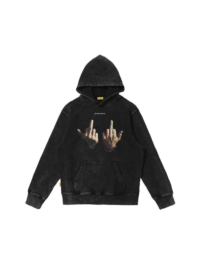 Rock Plan Cotton Hoodie Friendly Gesture Print Featuring Middle Finger Graphic