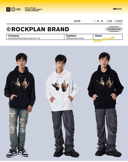 Rock Plan Cotton Hoodie Friendly Gesture Print Featuring Middle Finger Graphic
