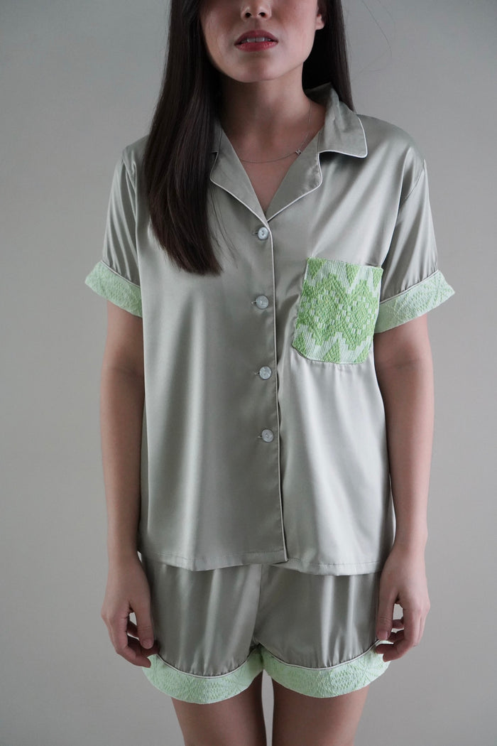 Sage green silk shorts set