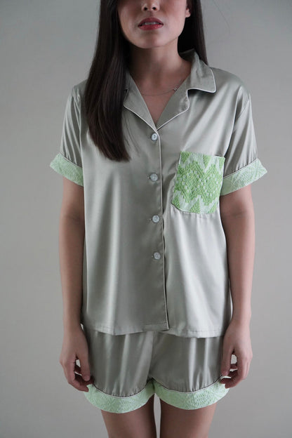 Sage green silk shorts set