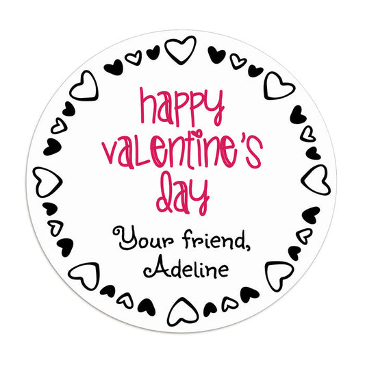 XOXOKristen round Valentine’s Day sticker close-up, white label with playful black heart outline and pink lettering – XOXOKristen