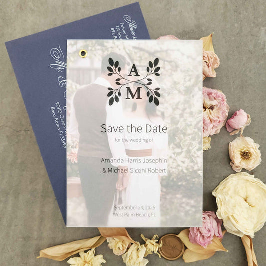 Classic vellum save-the-date photo card with custom monogram, elegant typography, and minimalist text printed on semi-transparent vellum paper, backed with a photo print.