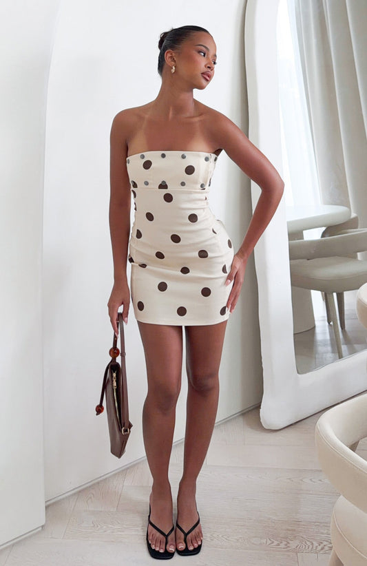 Luxe Envy Strapless Mini Dress Cream/Chocolate Polka Dot
